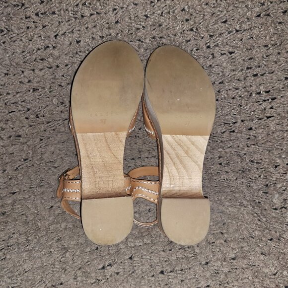 SANDRO-Audrey-Tan Leather-Contrast Stitch-Ankle Strap-Wood Heel-Sz 37/6.5-NM - Picture 8 of 9